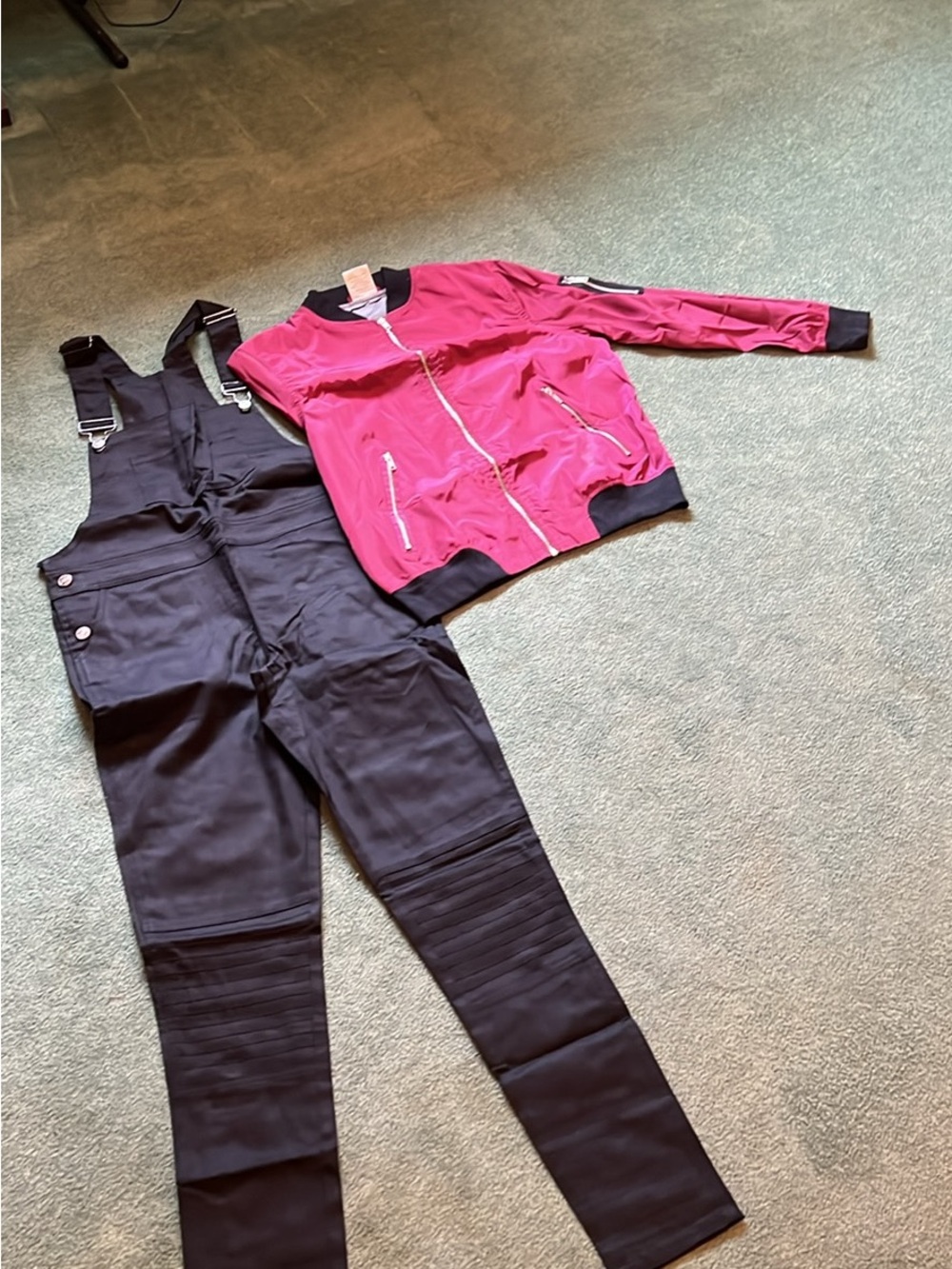Women’s Black Overalls with Pink Bomber Jacket